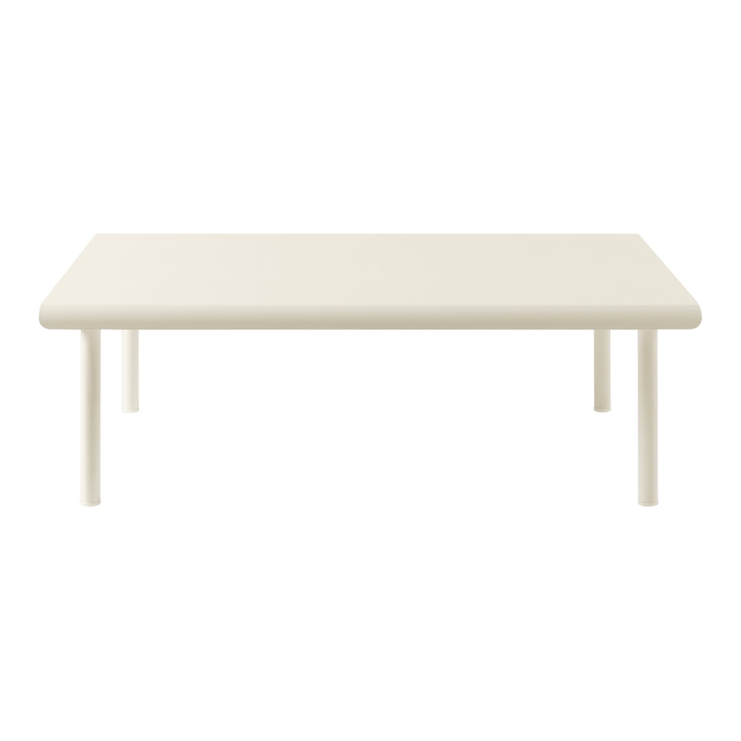 White rectangular table with smooth edges and four straight legs, featuring a minimalist design and a solid color.