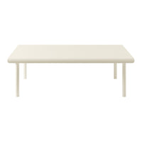 White rectangular table with smooth edges and four straight legs, featuring a minimalist design and a solid color.