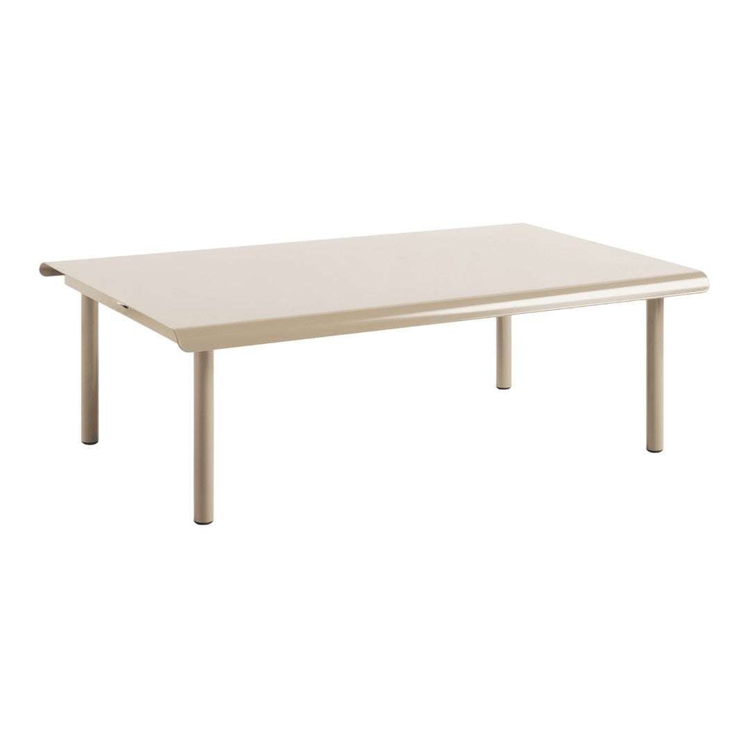 Beige rectangular coffee table with a smooth surface and simple design, featuring four sleek metal legs.