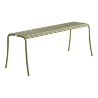 Olive green slatted metal bench with a sleek, modern design and minimalistic style. Perfect for outdoor spaces.