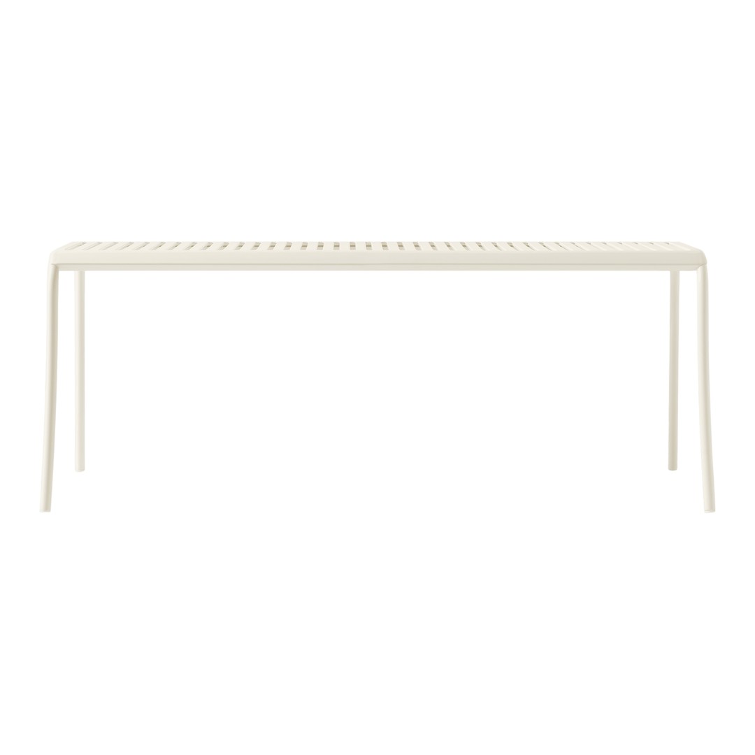 Minimalist white bench with slatted design, perfect for modern decor and outdoor settings.