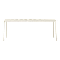 Minimalist white bench with slatted design, perfect for modern decor and outdoor settings.
