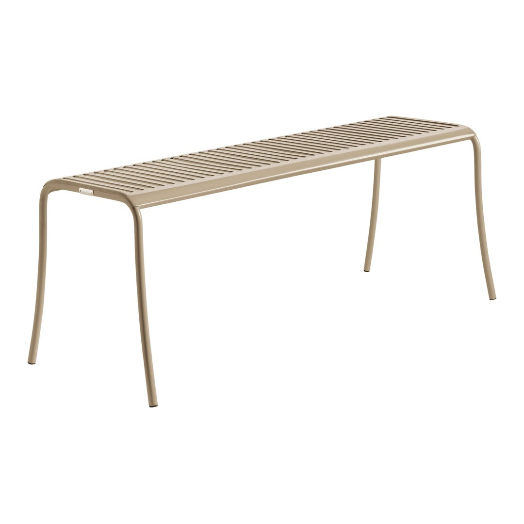 Beige slatted bench with minimalist design and sleek, clean lines, perfect for outdoor or indoor use.