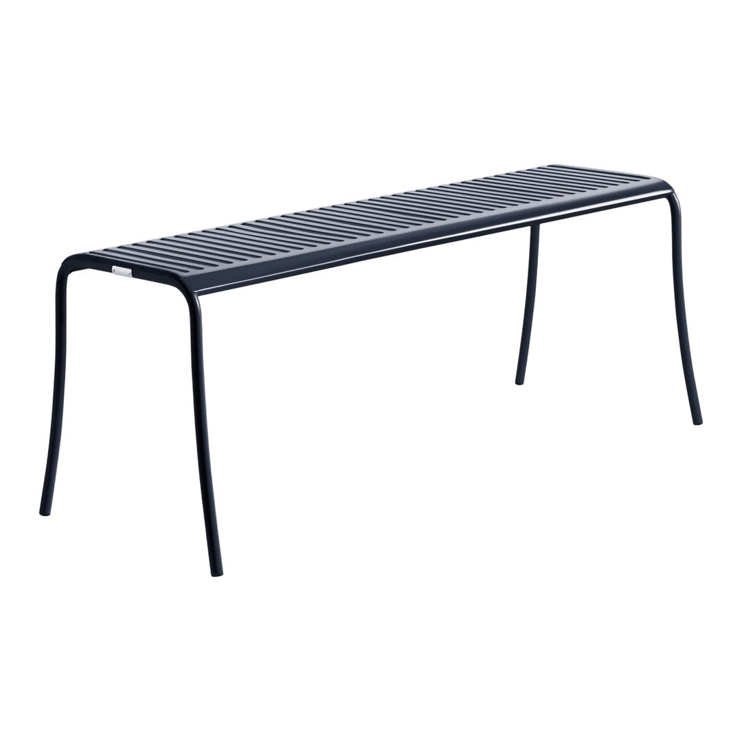 Navy blue metal bench with a sleek, striped pattern and minimalist design, perfect for outdoor seating.