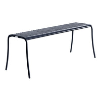Navy blue metal bench with a sleek, striped pattern and minimalist design, perfect for outdoor seating.