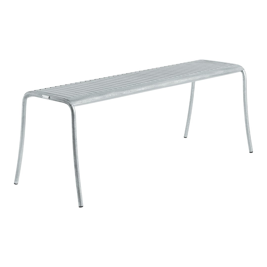 Sleek silver metal bench with linear slatted pattern, perfect for modern outdoor spaces.
