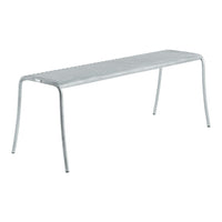 Sleek silver metal bench with linear slatted pattern, perfect for modern outdoor spaces.