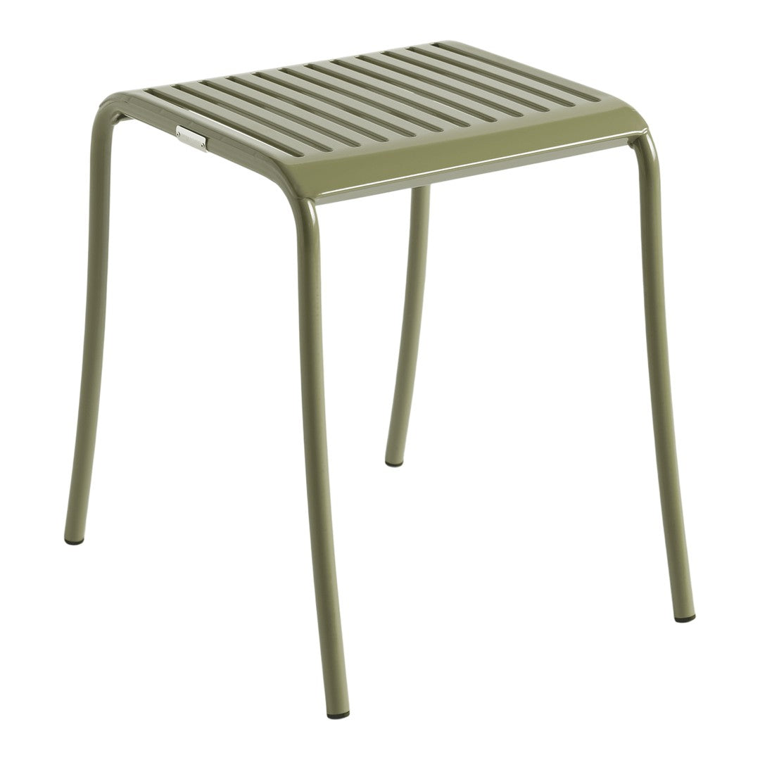 Olive green metal stool with slatted design, perfect for outdoor or indoor settings. Durable and stylish.