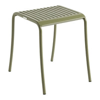 Olive green metal stool with slatted design, perfect for outdoor or indoor settings. Durable and stylish.
