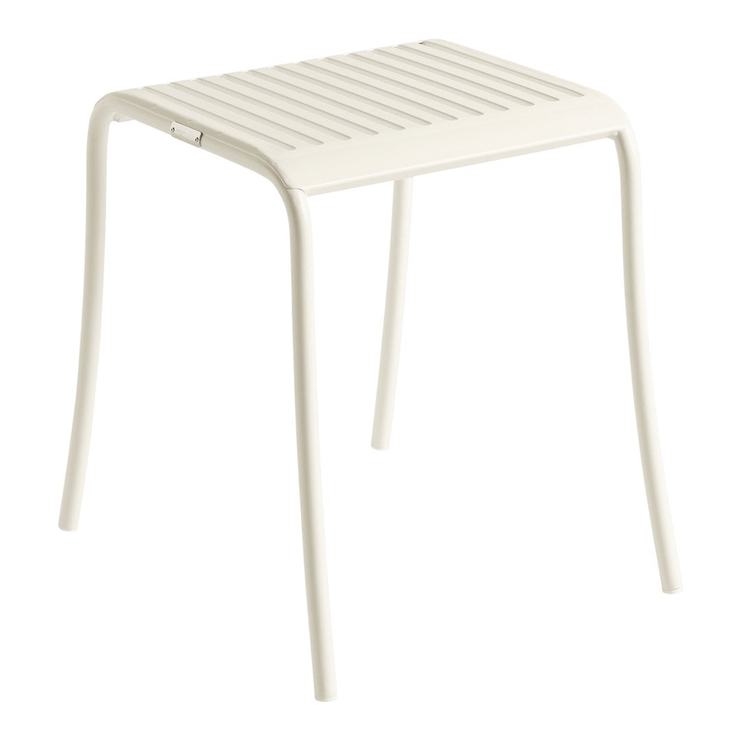 White slatted metal stool with a minimalist design, perfect for modern and outdoor settings.