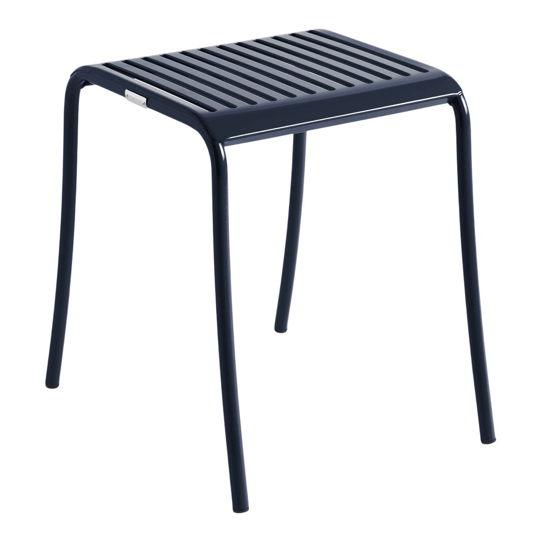 Navy blue metal stool with a sleek, slatted design, perfect for modern outdoor or indoor spaces.