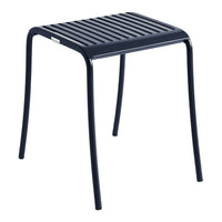 Navy blue metal stool with a sleek, slatted design, perfect for modern outdoor or indoor spaces.