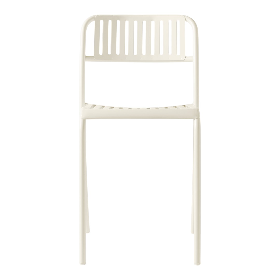 White metal chair with a slatted back and seat, offering a sleek and modern design. Ideal for contemporary decor.