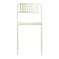 White metal chair with a slatted back and seat, offering a sleek and modern design. Ideal for contemporary decor.