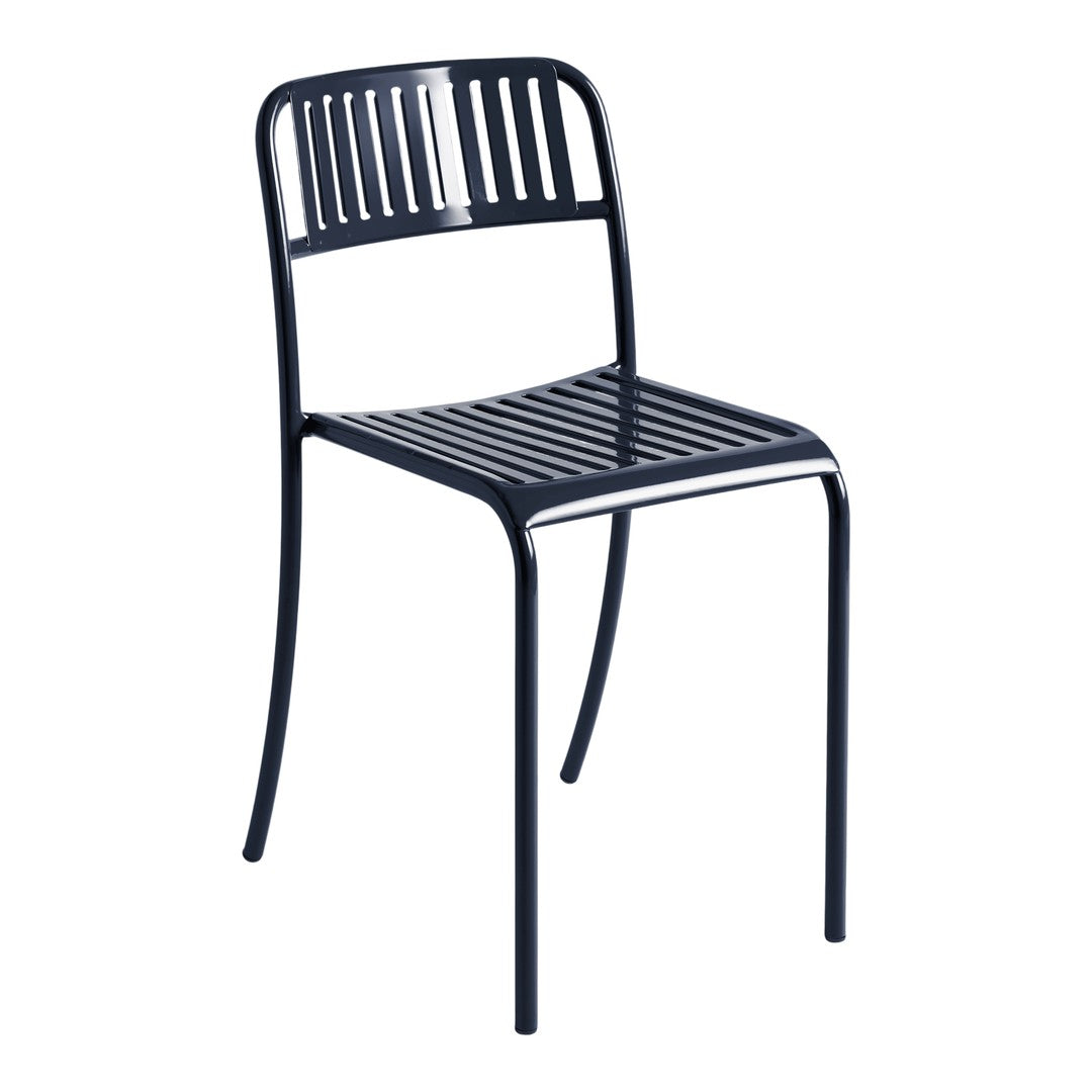 Navy blue metal chair with sleek vertical slats and a minimalist design. Perfect for modern outdoor or indoor decor.