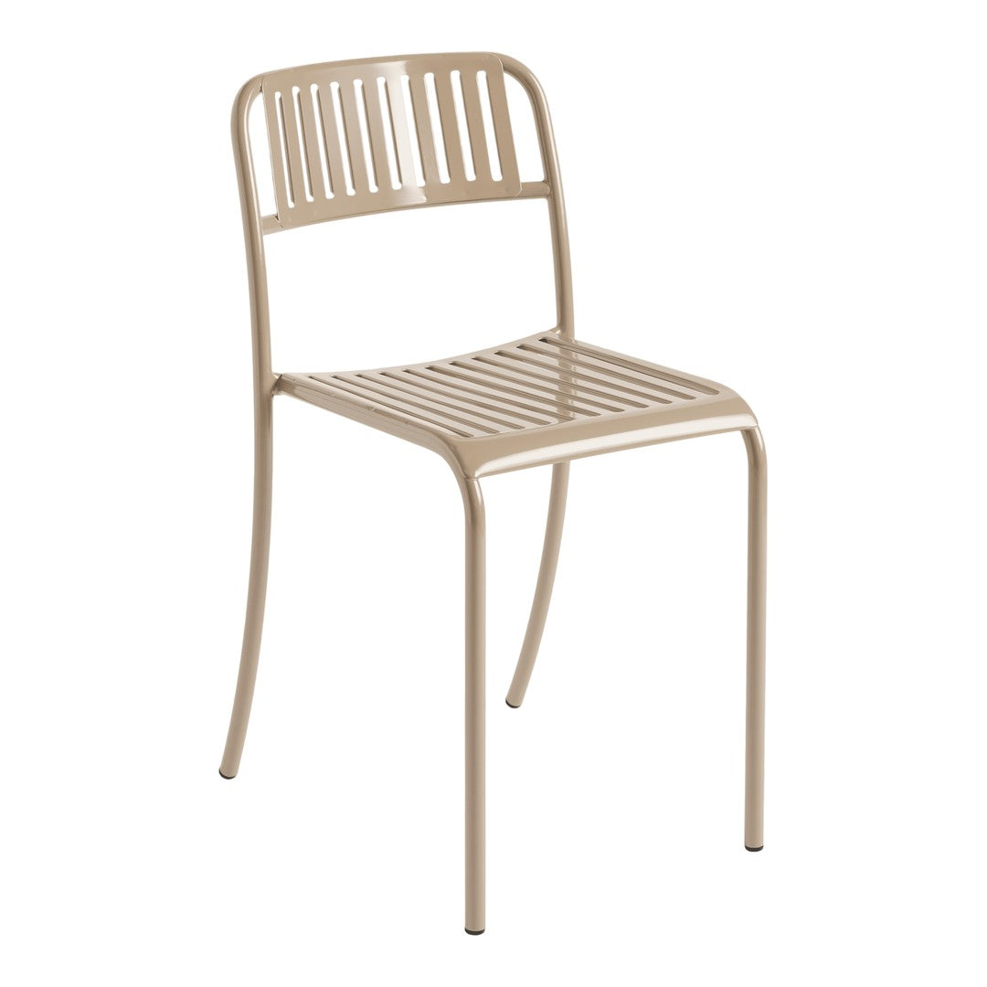 Beige metal chair with a sleek, modern design featuring vertical and horizontal slats for ventilation.