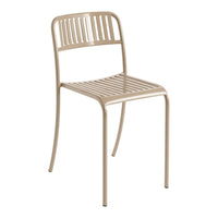 Beige metal chair with a sleek, modern design featuring vertical and horizontal slats for ventilation.