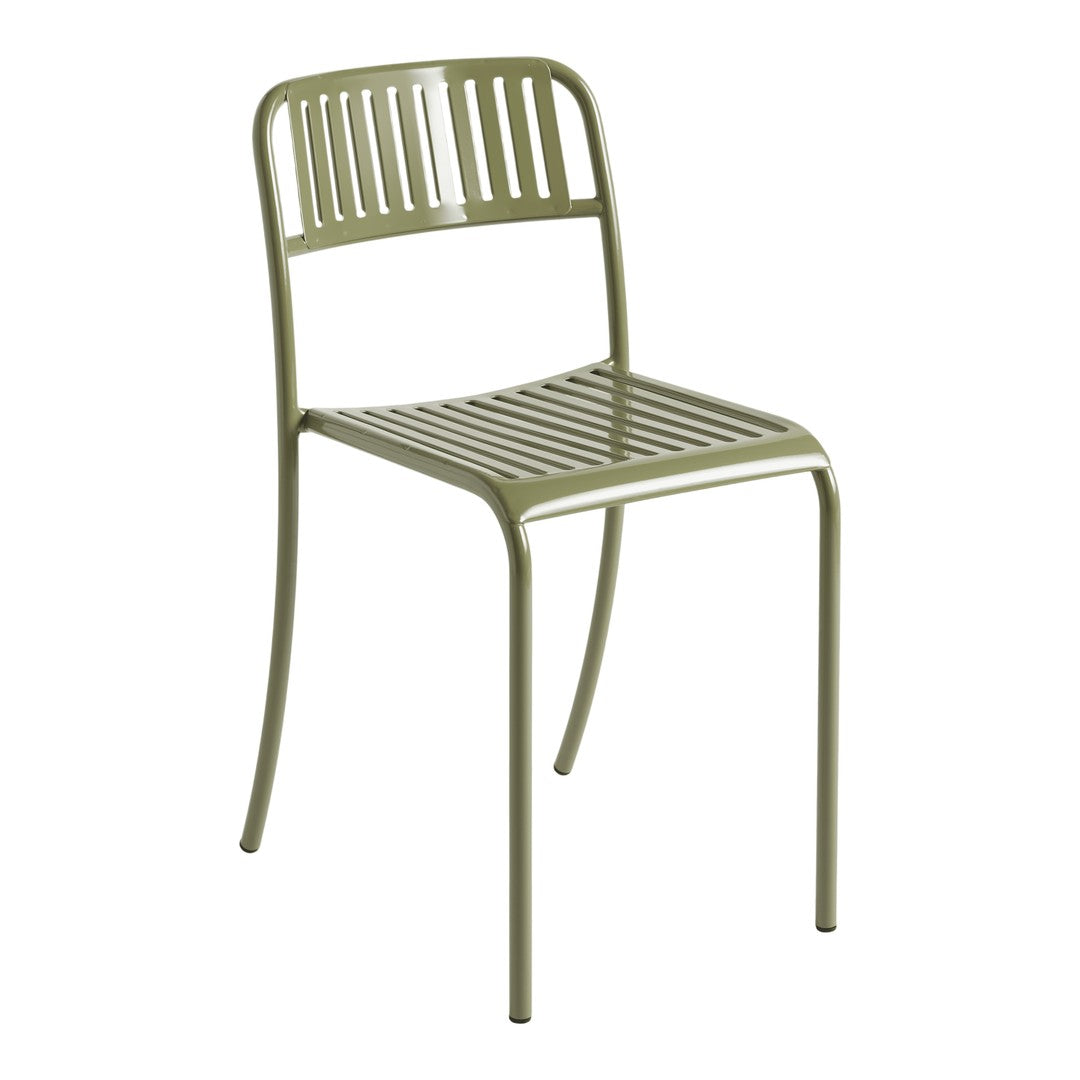 Olive green metal chair with sleek slatted design, perfect for modern outdoor or indoor decor.