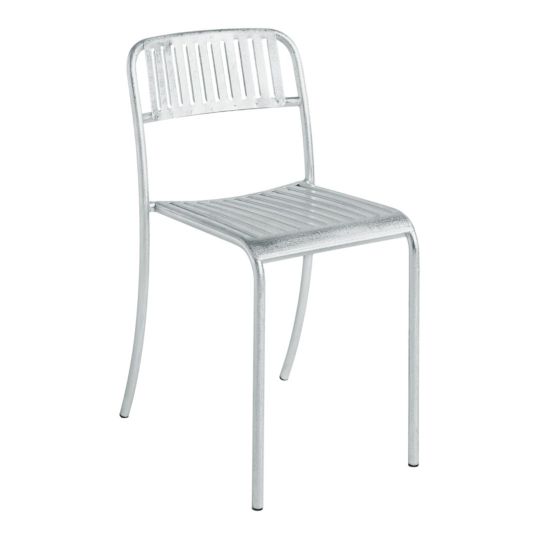 Silver metal chair with a sleek, minimalist design and horizontal striped pattern on the seat and backrest.