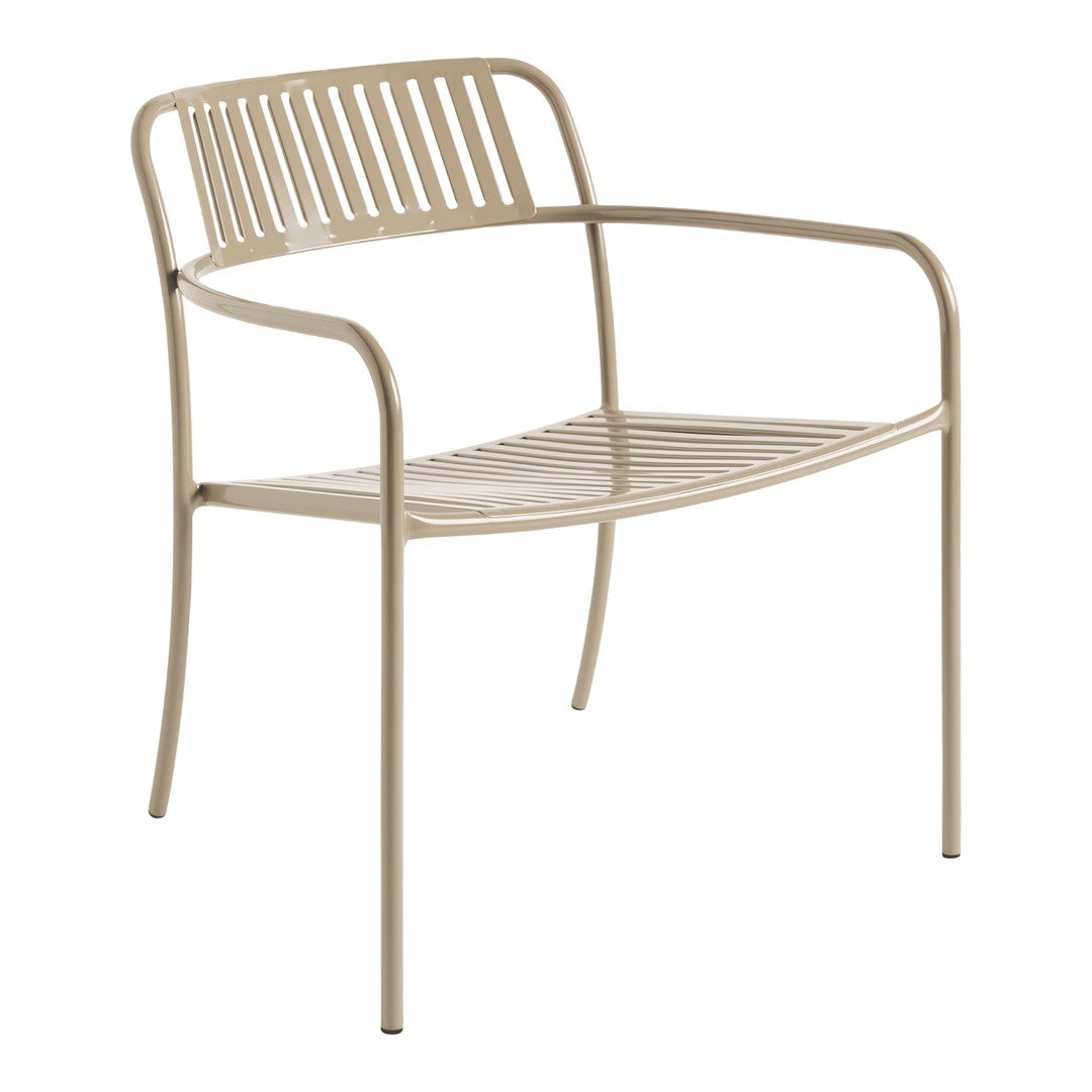 Beige metal chair with sleek slatted pattern, ideal for modern outdoor or indoor decor.