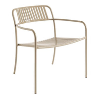 Beige metal chair with sleek slatted pattern, ideal for modern outdoor or indoor decor.