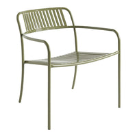 Olive green metal chair with a slatted design, featuring a minimalist and contemporary style.