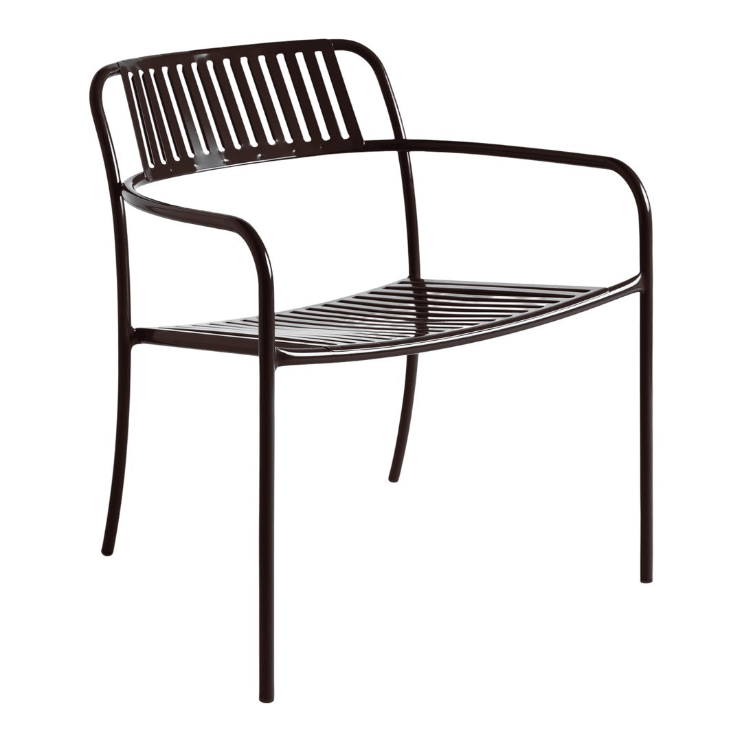 Brown metal chair with sleek, vertical slat pattern and minimalist design, perfect for modern decor.
