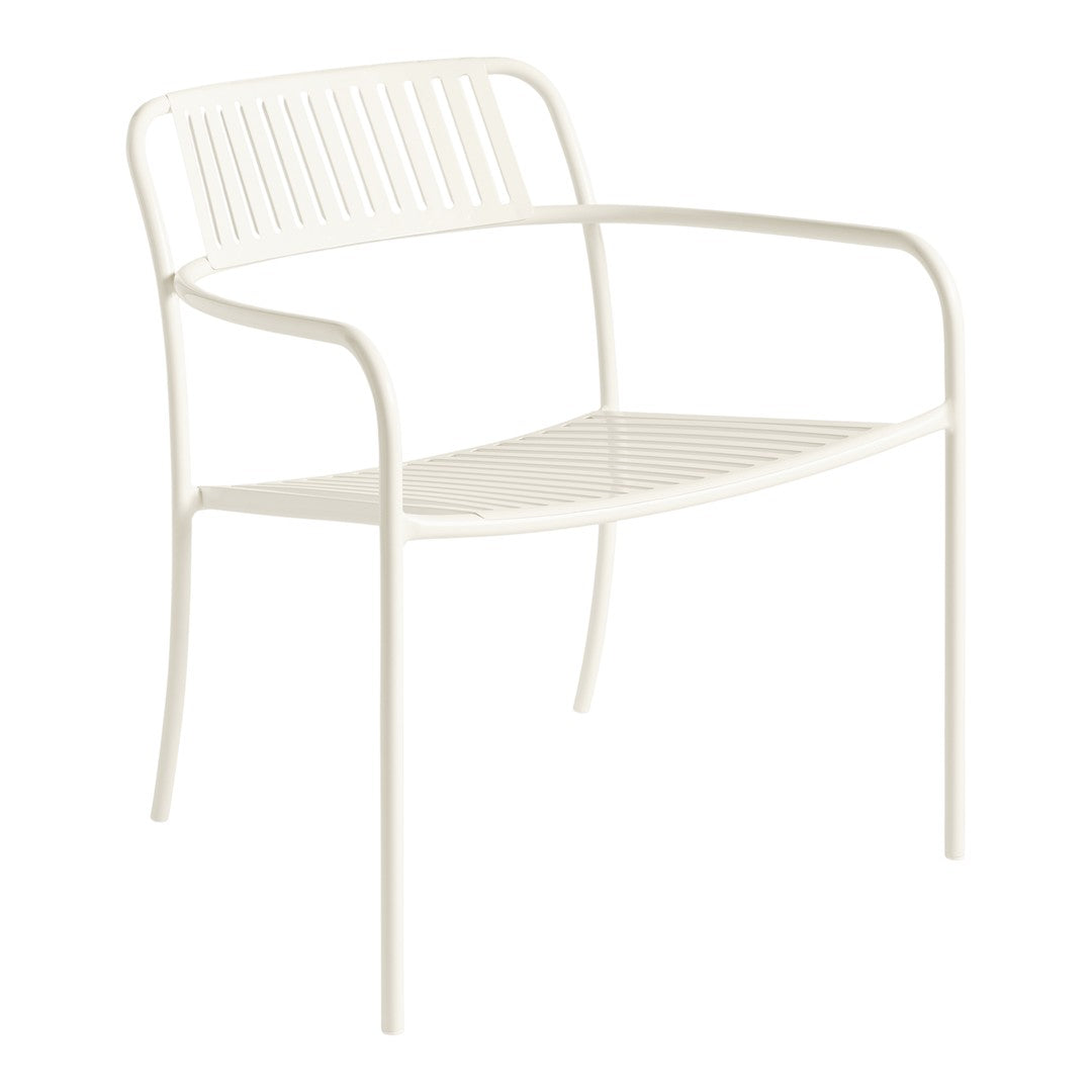 Elegant white metal chair with a minimalist slatted design, perfect for modern decor.