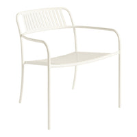 Elegant white metal chair with a minimalist slatted design, perfect for modern decor.