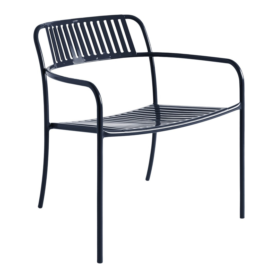 Navy blue outdoor chair with sleek, horizontal slats and curved armrests, perfect for modern spaces.