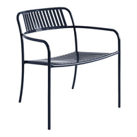 Navy blue outdoor chair with sleek, horizontal slats and curved armrests, perfect for modern spaces.