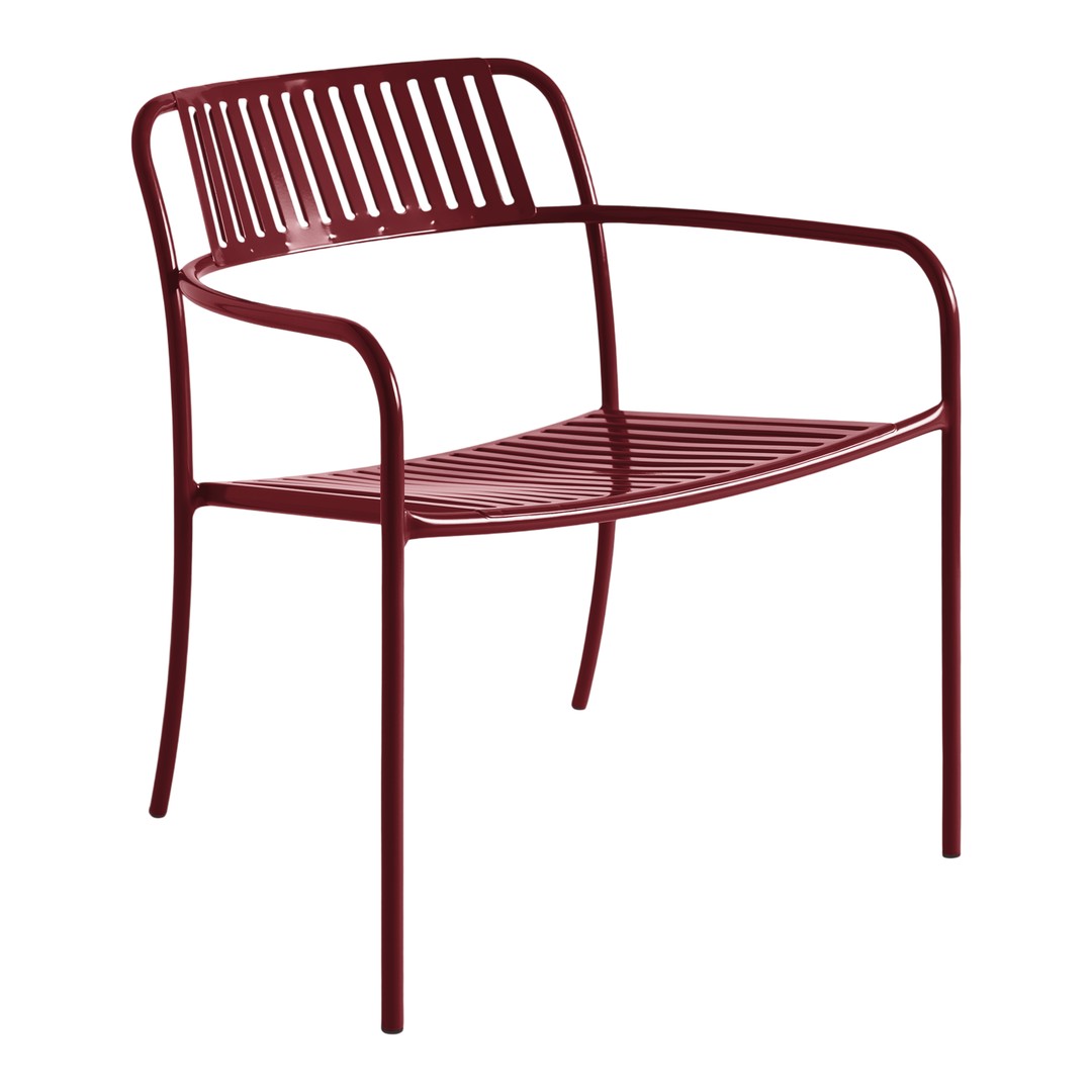 Burgundy metal chair with sleek, minimalist design and vertical slat pattern for modern decor.
