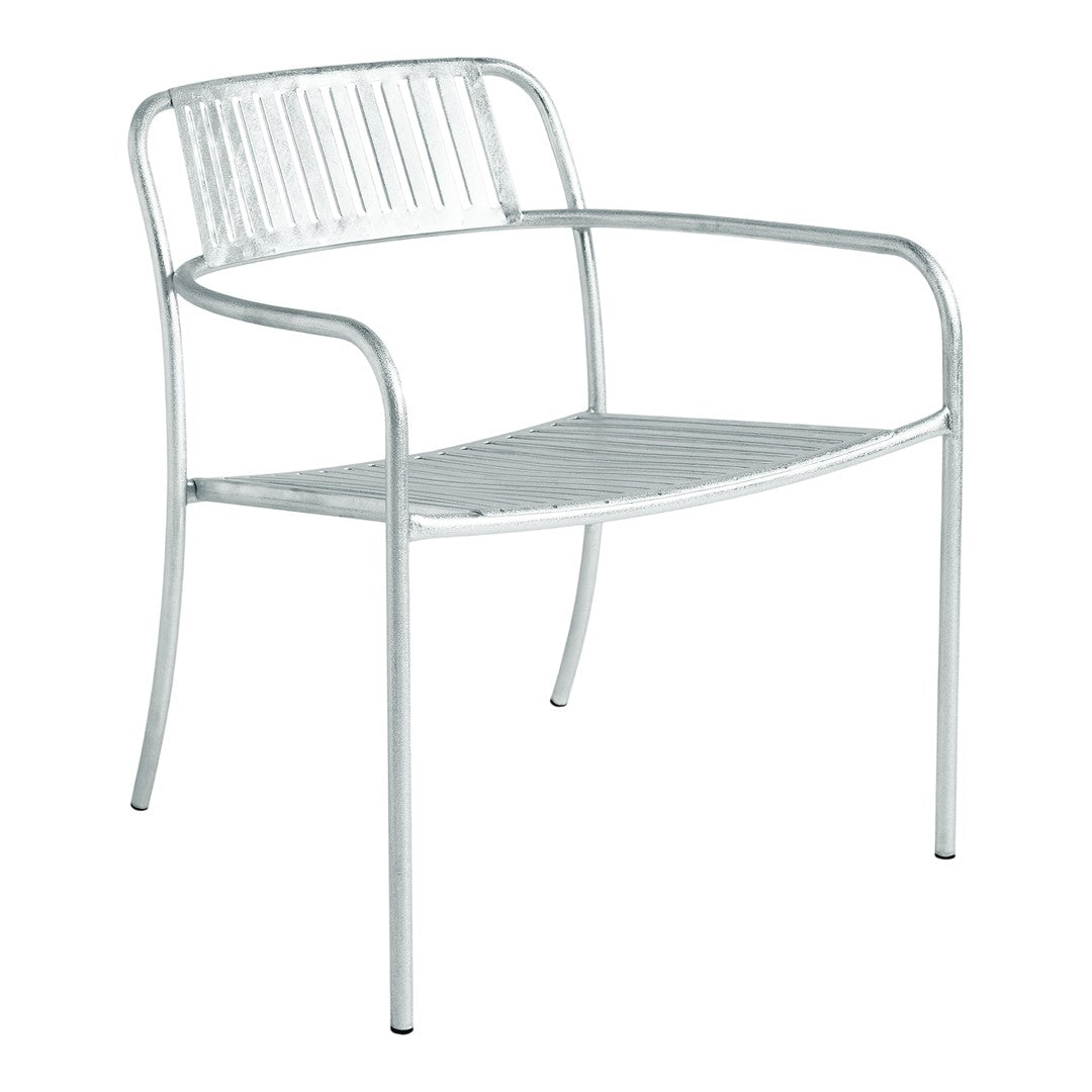 Sleek silver metal chair with a modern design featuring vertical slats and an open frame. Perfect for contemporary spaces.