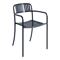 Sleek black metal chair with horizontal slats and a modern design, perfect for indoor and outdoor use.