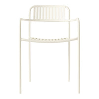 "Modern white chair with sleek lines and a minimalistic slatted design, perfect for contemporary decor."