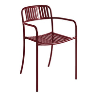 Burgundy metal chair with a slatted design and curved armrests, perfect for modern outdoor decor.