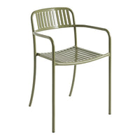 Olive green metal chair with sleek, slatted design and minimalistic silhouette. Perfect for modern decor.