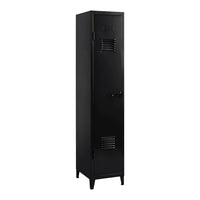 Sleek black metal locker with minimalistic design and horizontal ventilation stripes. Ideal for stylish storage solutions.