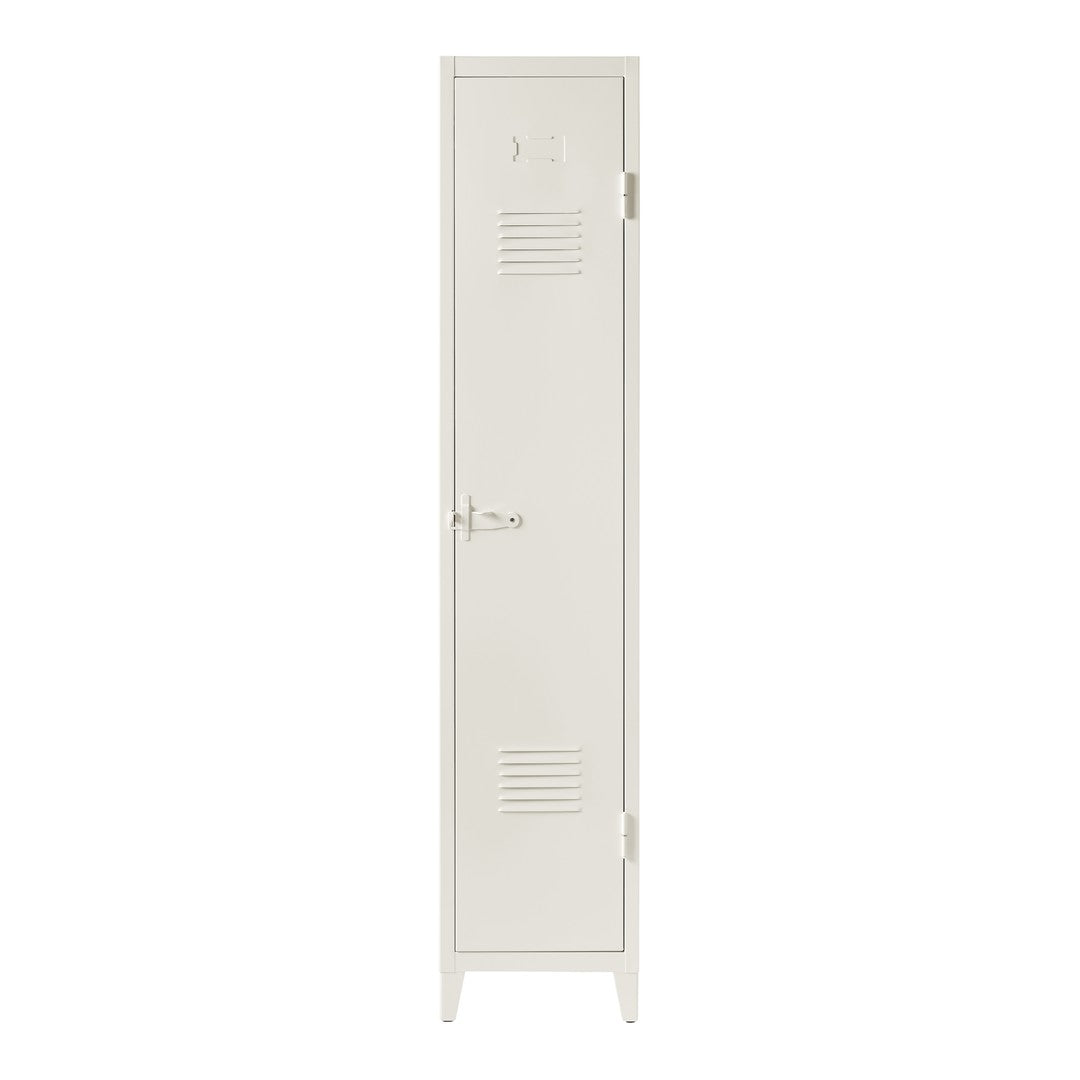 Light beige metal locker with minimalist design and horizontal vent patterns. Ideal for storage in various settings.