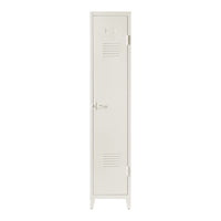 Light beige metal locker with minimalist design and horizontal vent patterns. Ideal for storage in various settings.