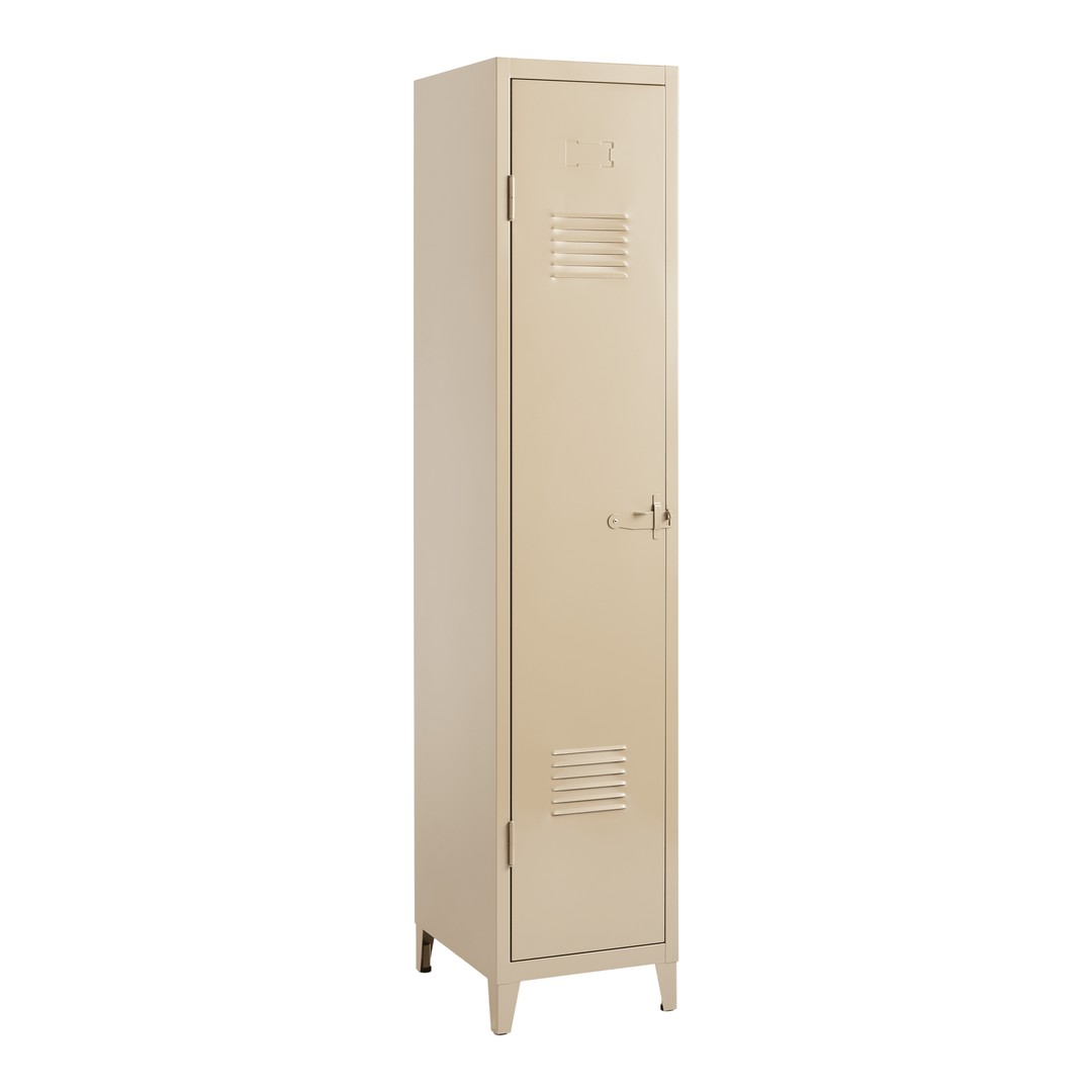 Beige metal locker with vertical lines and vented panels, featuring a smooth, polished finish.