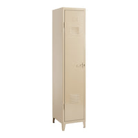 Beige metal locker with vertical lines and vented panels, featuring a smooth, polished finish.
