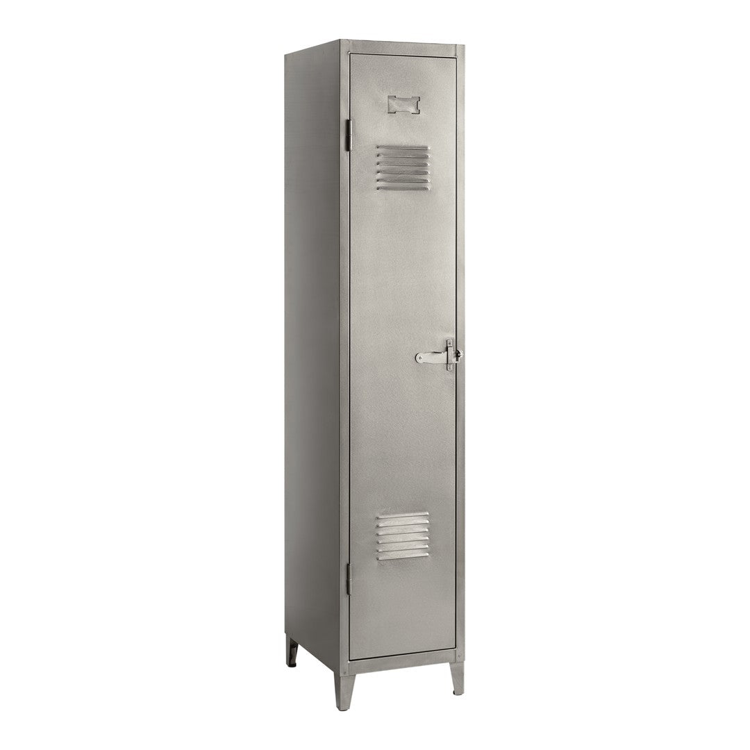Silver metal locker with a sleek, industrial design and vertical slits for ventilation.