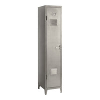 Silver metal locker with a sleek, industrial design and vertical slits for ventilation.