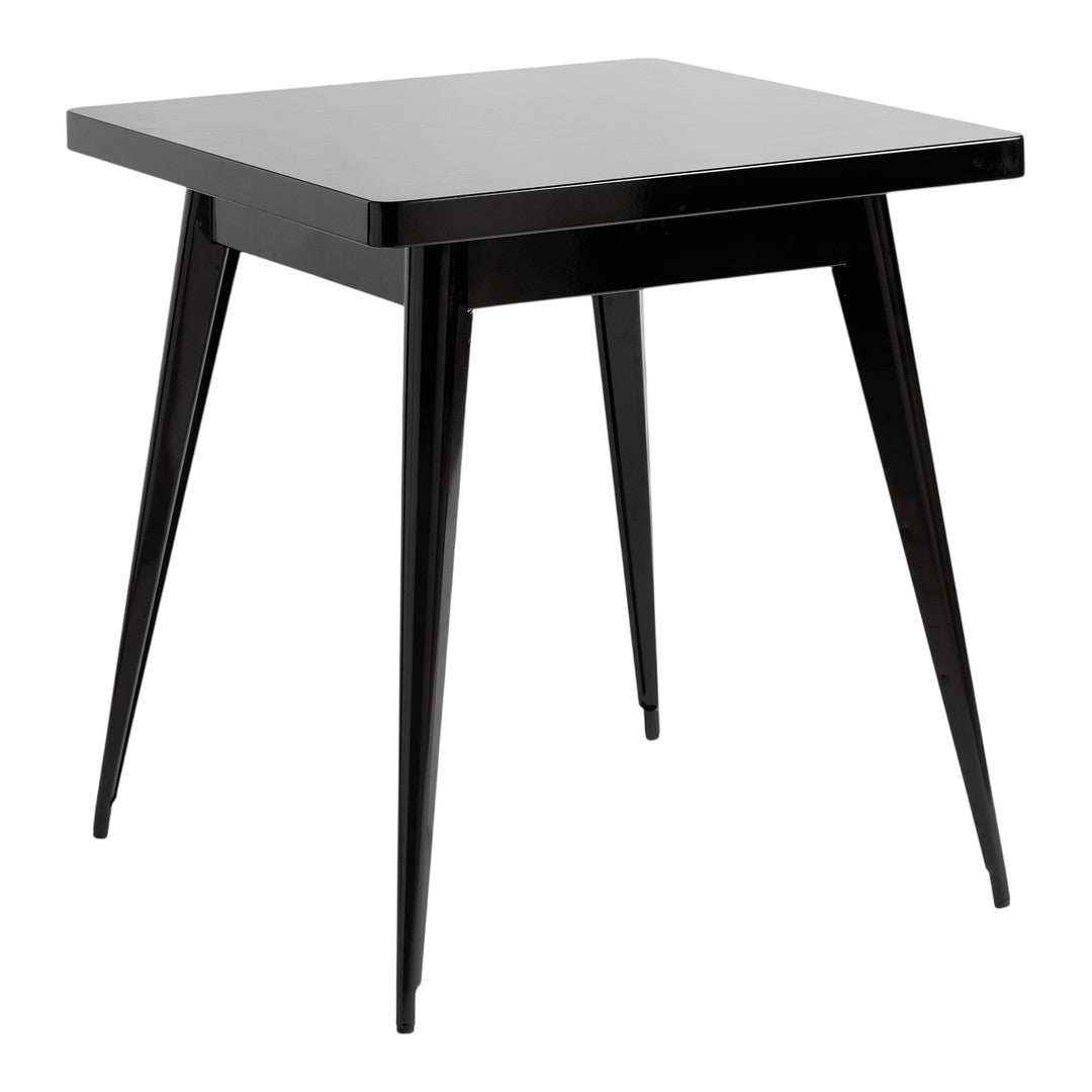 Black square side table with sleek design and tapered legs. Smooth finish for a modern touch. Perfect for minimalist decor.