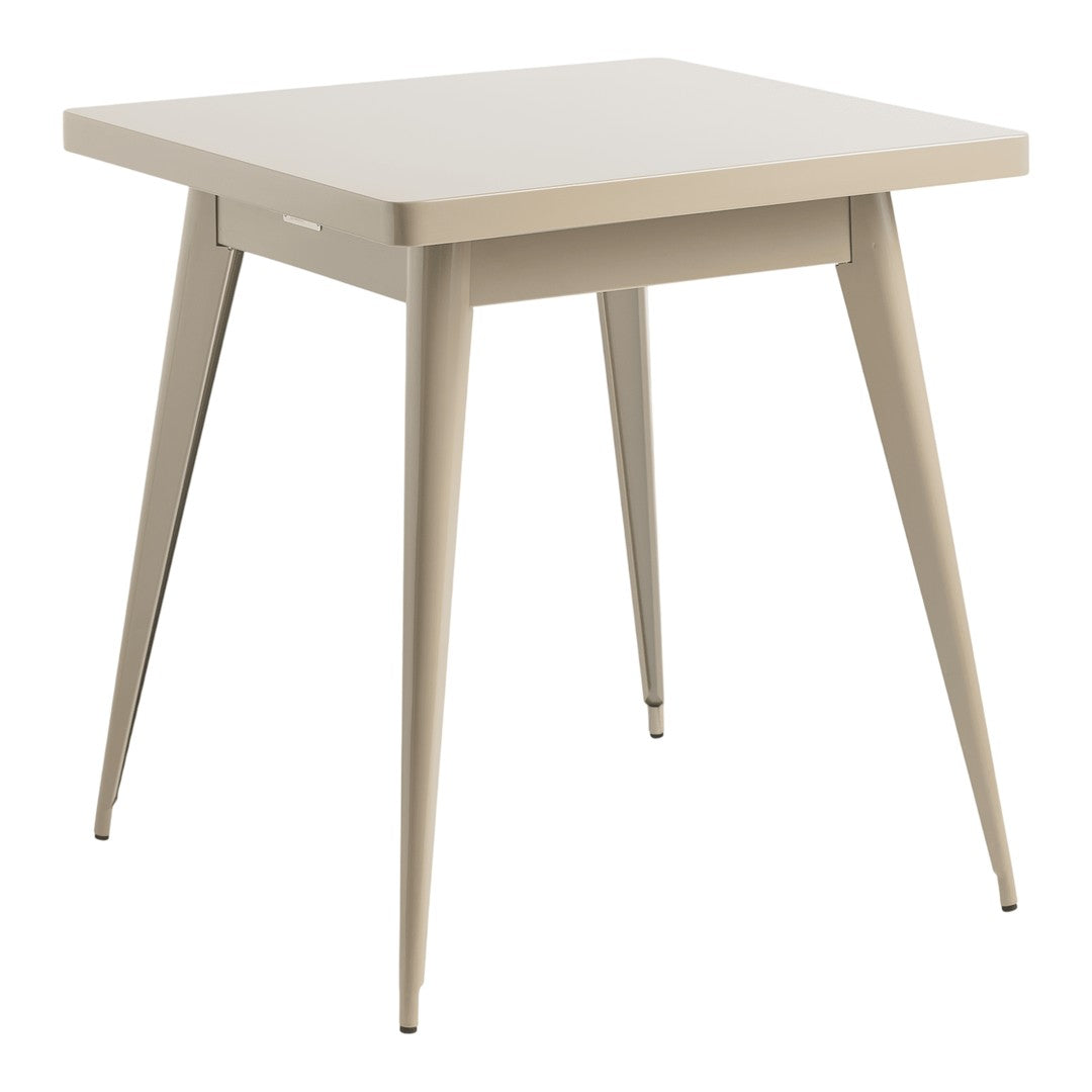 Light beige square table with sleek, minimalist design and tapered legs, perfect for modern decor.