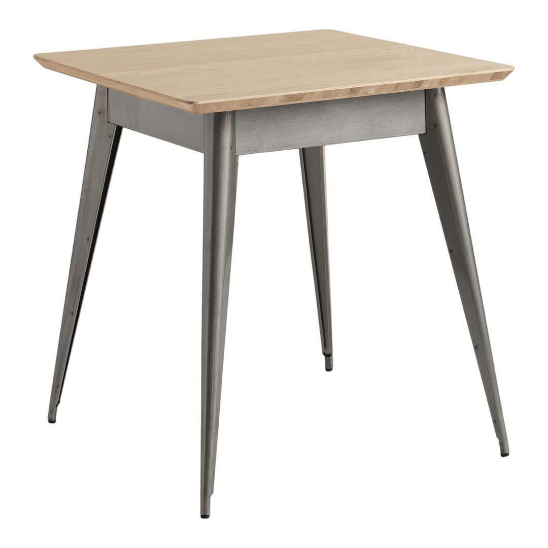 Wooden tabletop with natural finish and gray metal legs. Simple, modern design suitable for various decor styles.