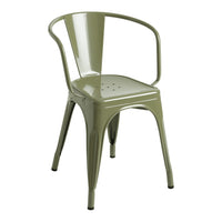 Olive green metal chair with a sleek, industrial design and perforated seat, perfect for modern decor.