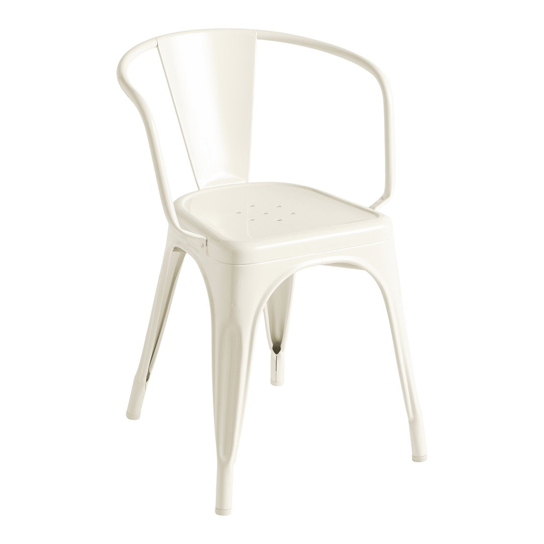 White metal chair with a minimalist design and smooth, glossy finish, featuring a simple perforated seat pattern.