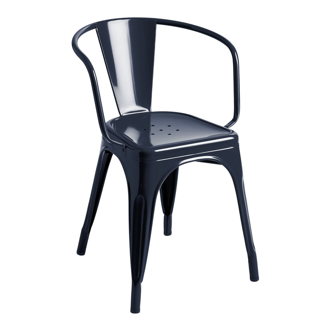Navy blue metal chair with a sleek, modern design and perforated seat for ventilation.
